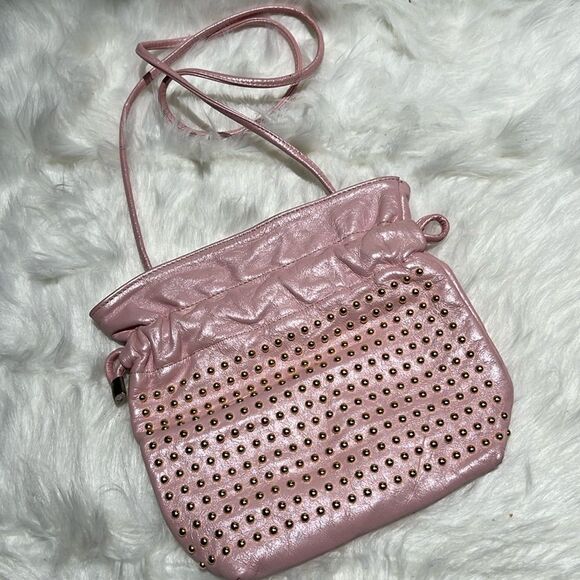 Vintage 90’s Pink Shimmer Leather Studded Drawstring Bag B93 - Picture 1 of 6